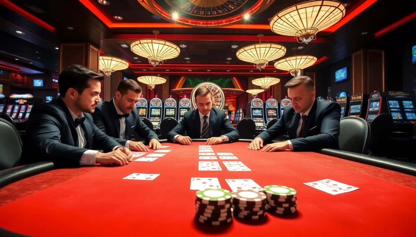 Une scène de casino vibrante mettant en scène des joueurs autour d'une table de poker à enjeux élevés dans une atmosphère luxueuse, mettant en avant le casino fiable en ligne.