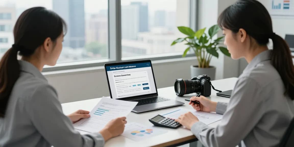Client discussing Stripe merchant cash advance options with financial advisor in a modern office.