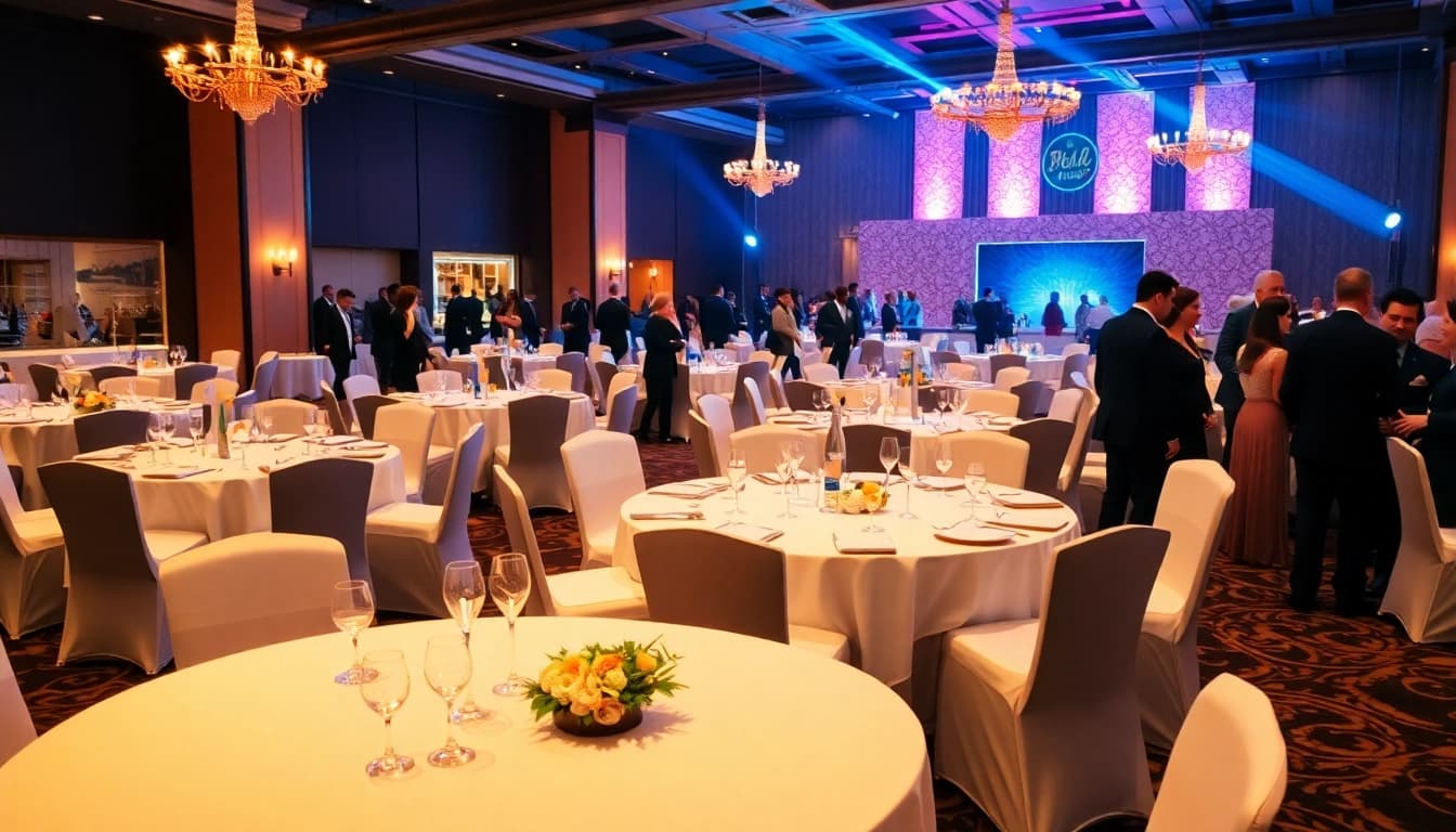 Beautifully arranged Table Rentals at an elegant event, showcasing stylish decor and lively atmosphere.