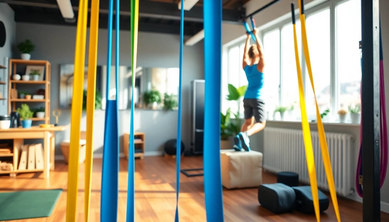 Stretch bands for pull-ups in a vibrant home gym setting with a person exercising.