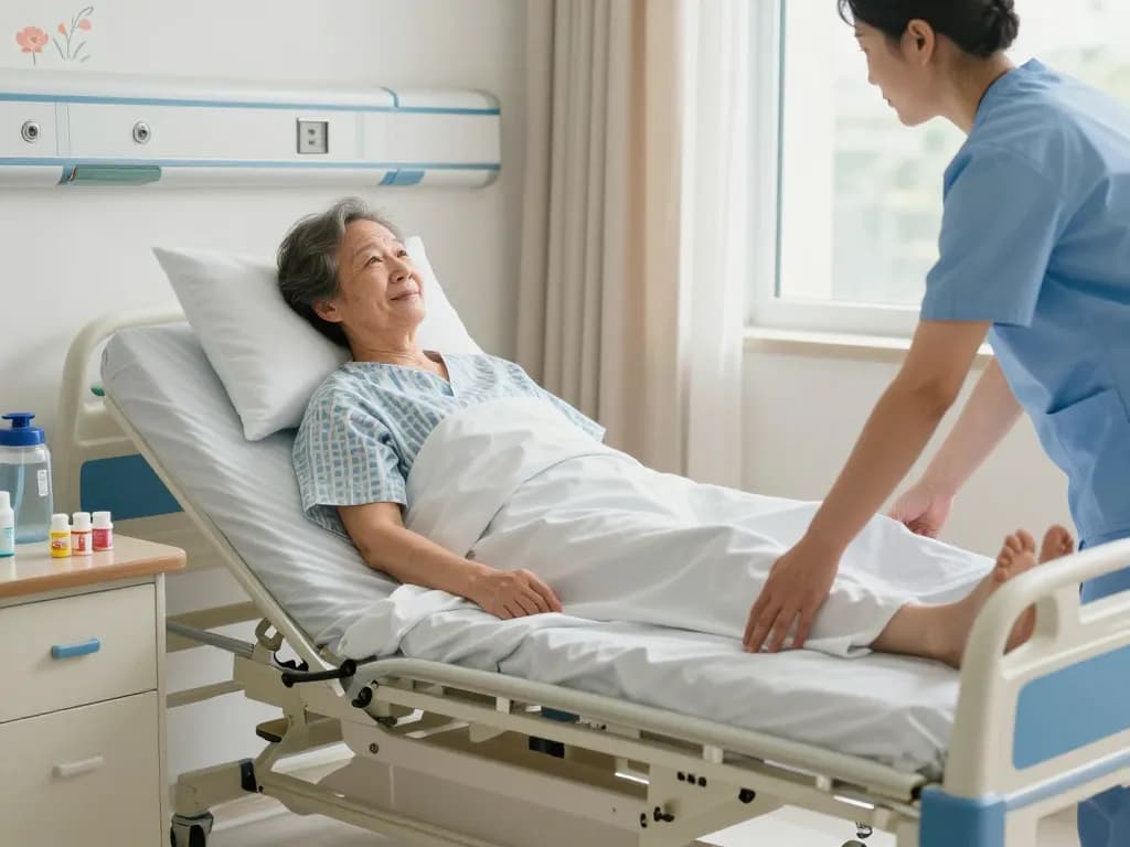 Patient resting on a giường bệnh nhân in a comfortable hospital room with caregiver support.