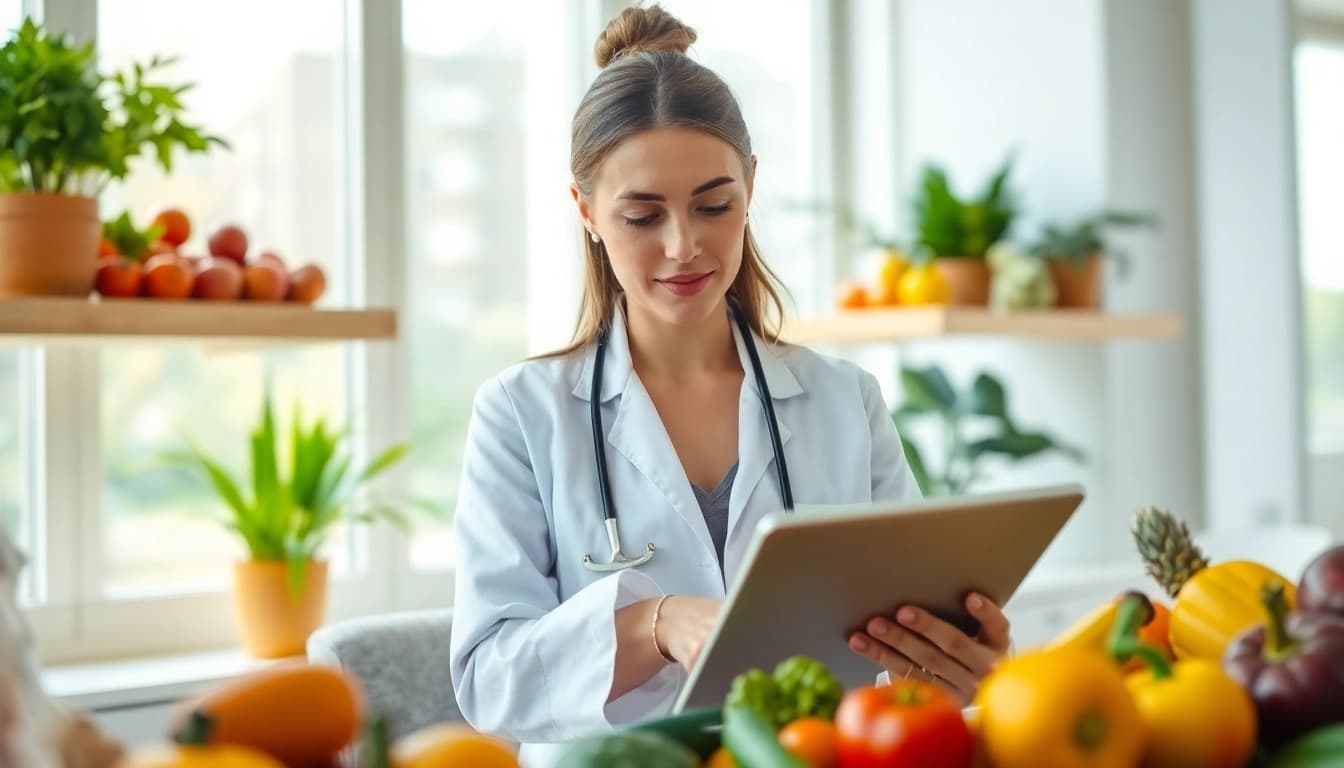 Nutritionist exploring solutions for weight loss plateau with colorful fruits and vegetables.