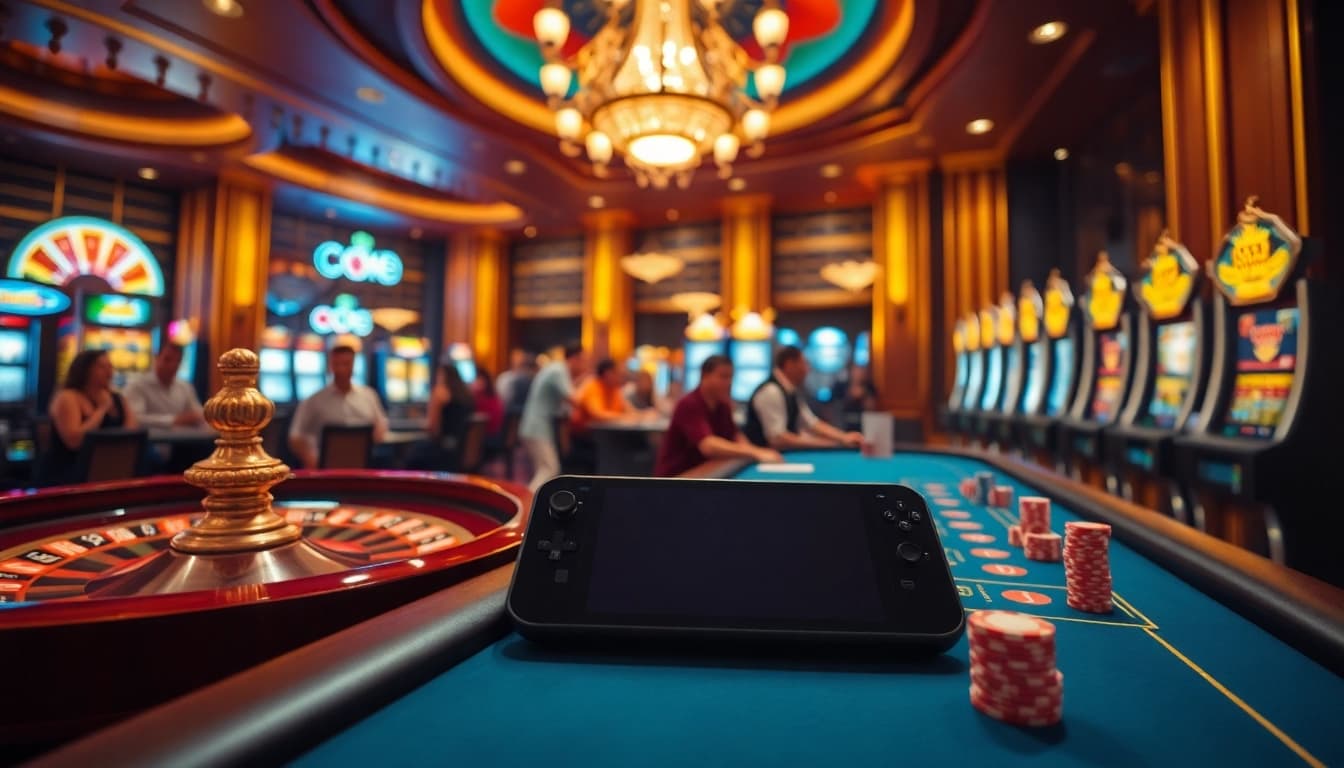 The excitement of game s8 comes alive at a vibrant casino with poker chips and roulette wheels.