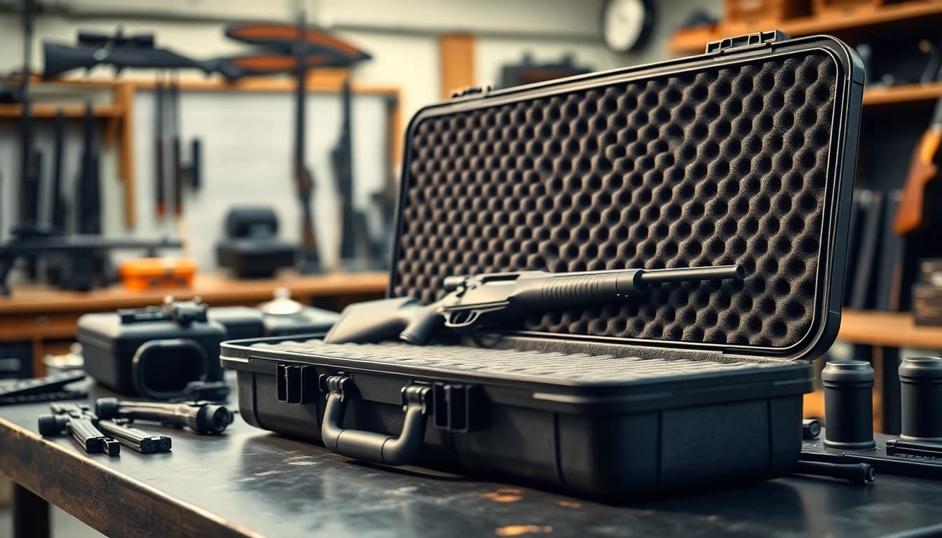 Showcase of foam for rifle case with personalized interior and surrounding firearms.