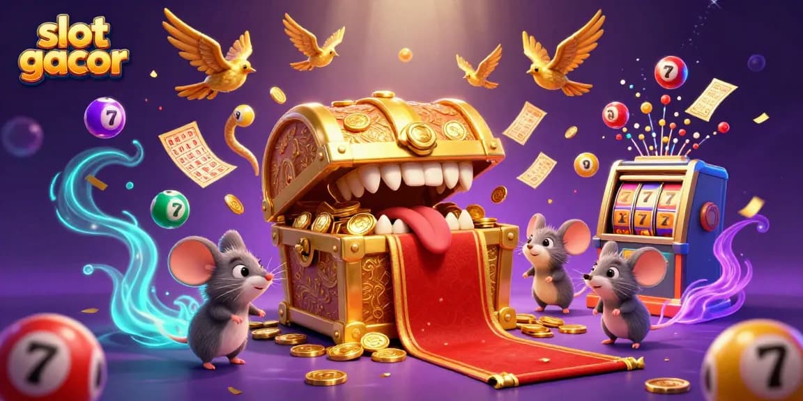 Slot gacor diilustrasikan dengan karakter karung harta yang menarik bagi para pemain, dikelilingi dadu warna-warni.