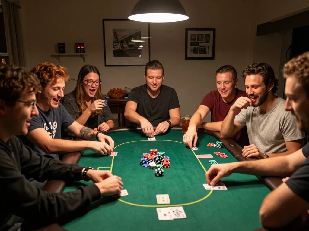 A group of friends playing poker at home with 789bet strategies in focus, showcasing excitement and camaraderie.