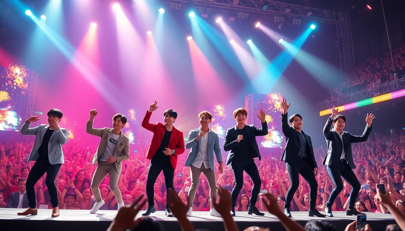 Catch the latest bts news through a vibrant BTS concert performance, highlighting their energetic presence.