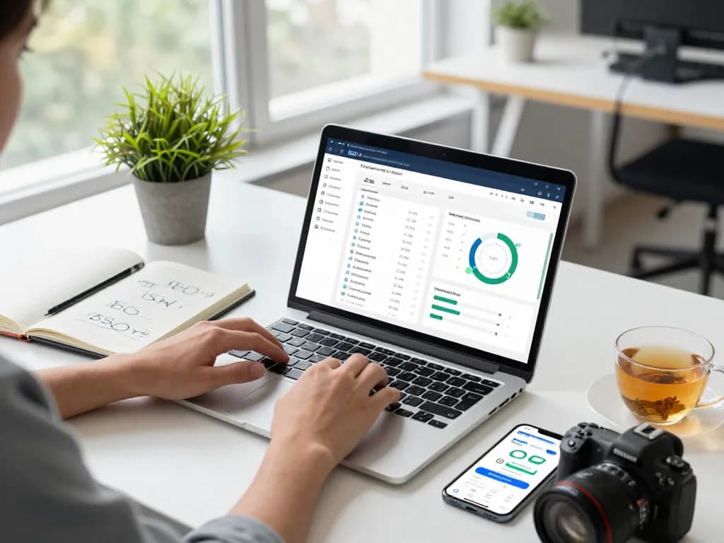 SEO Audit Tool analysis in a modern workspace with metrics and strategies.