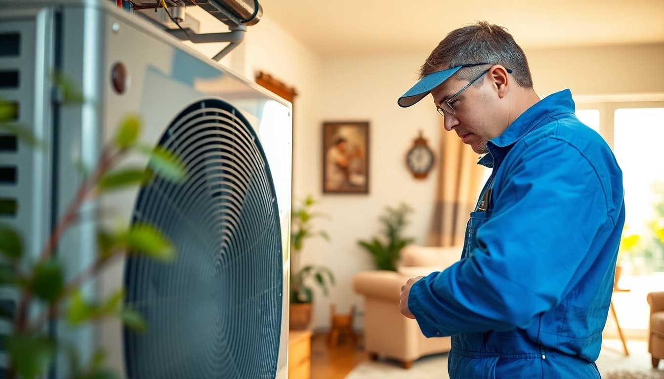 Technician performing heat pump maintenance minnesota with attention to detail in a cozy home.