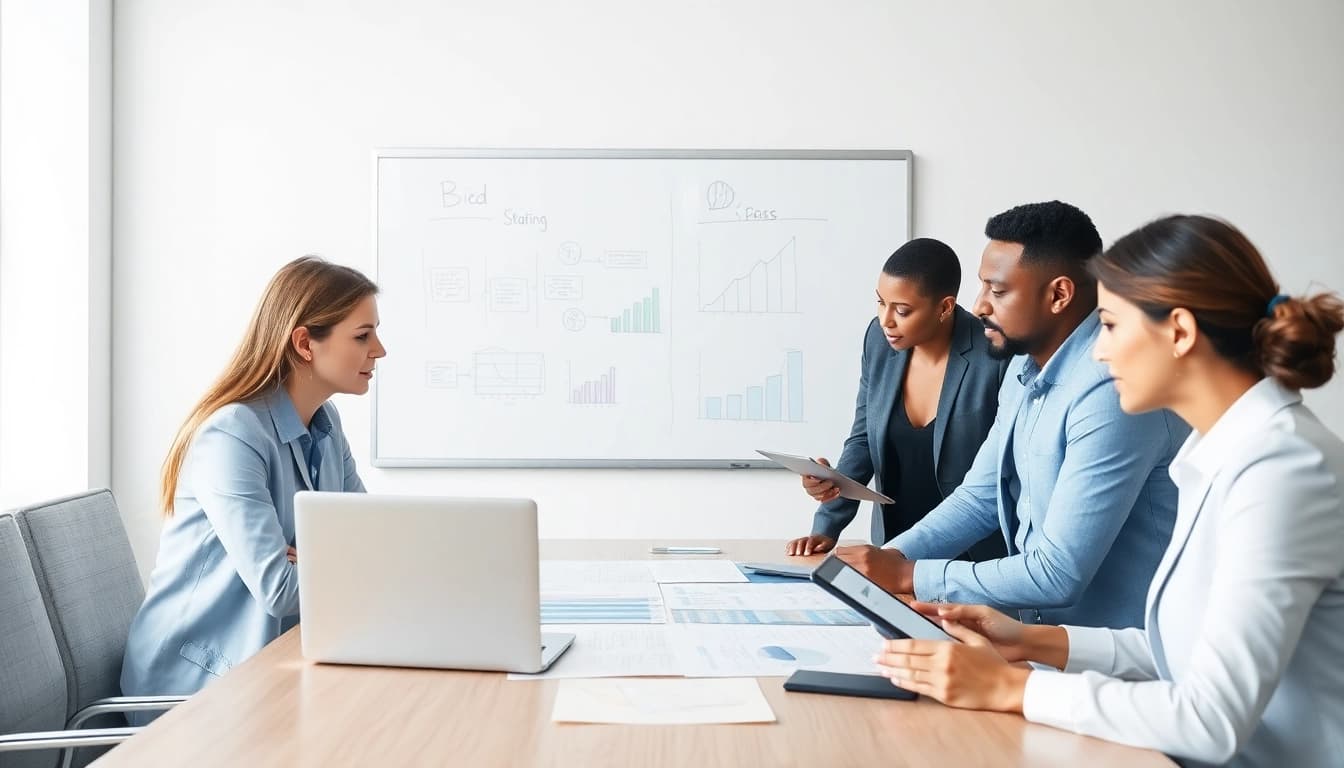 Engaging in Bid-No-Bid Analysis with professionals reviewing strategic documents in an office setting.