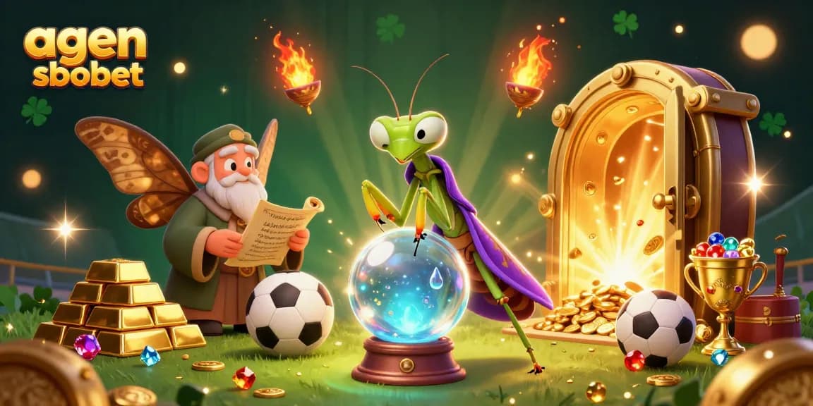 Engage in sports betting excitement with agen sbobet in a vibrant, cartoonish illustration of fortune telling and treasures.
