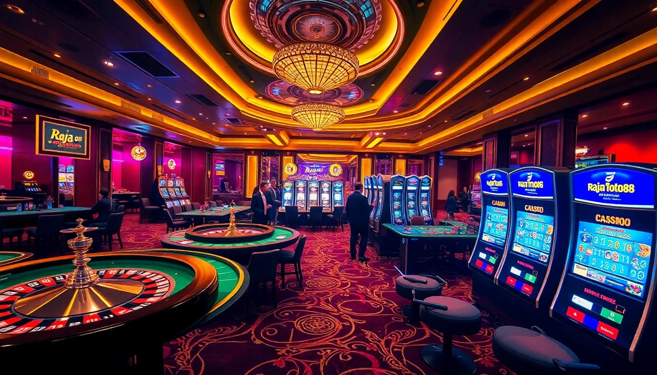 Experience the thrills of raja toto88 at a vibrant casino with glowing slot machines and enthusiastic players.