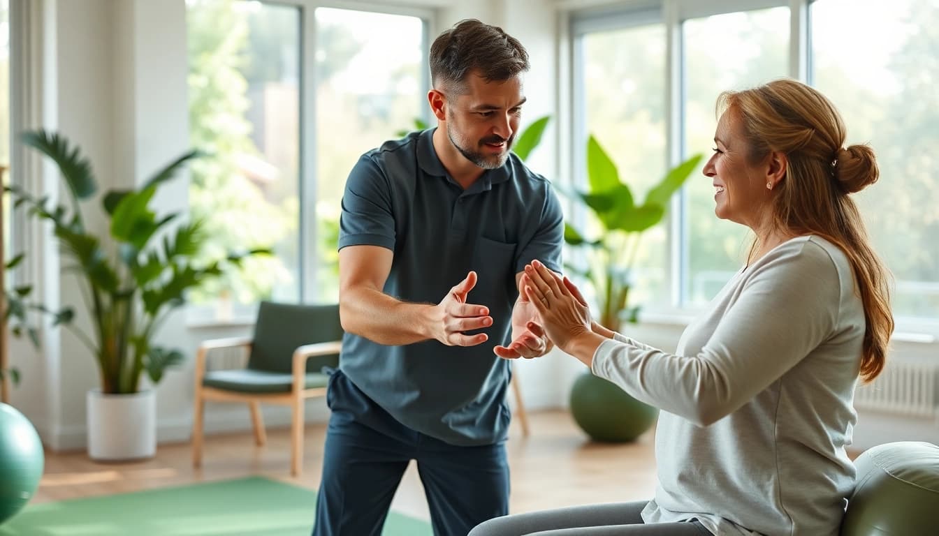 Movenetics physiotherapy session showing a therapist assisting a patient with mobility exercises.