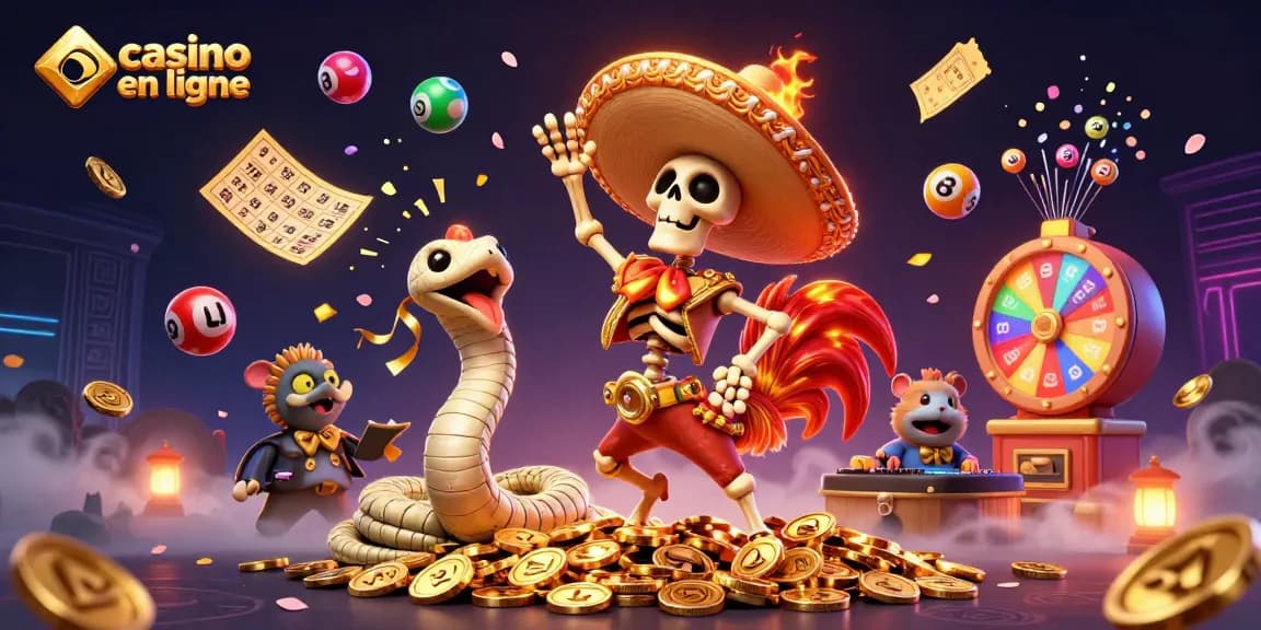 Jouer au casino en ligne avec un décor coloré et des personnages animés dans une illustration dynamique