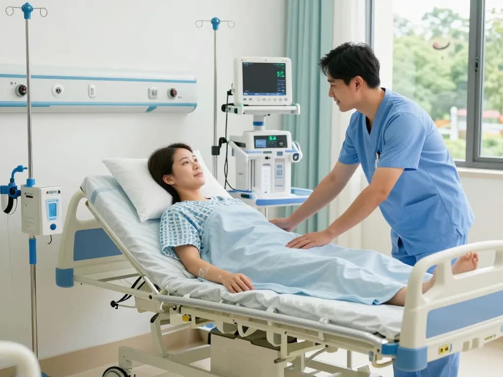 Patient in a giường bệnh nhân being assisted by caregiver in a modern healthcare setting, emphasizing comfort and care.
