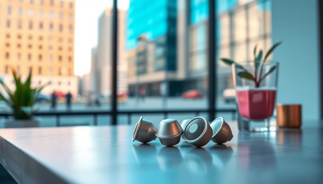 Vibrante hqd pods auf einem modernen Tisch mit urbanem Hintergrund abgebildet.