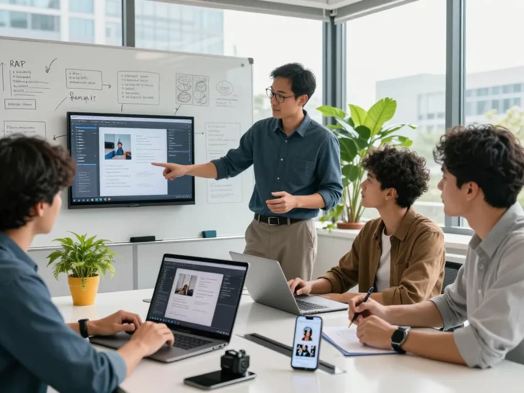 Team using image to prompt technology in a modern office, showcasing collaboration with AI tools.