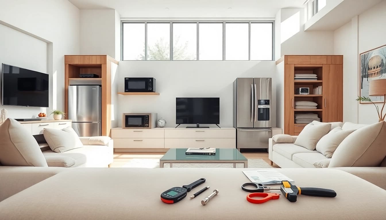 Showcasing home systems and appliance protection in a modern living room with sleek appliances.