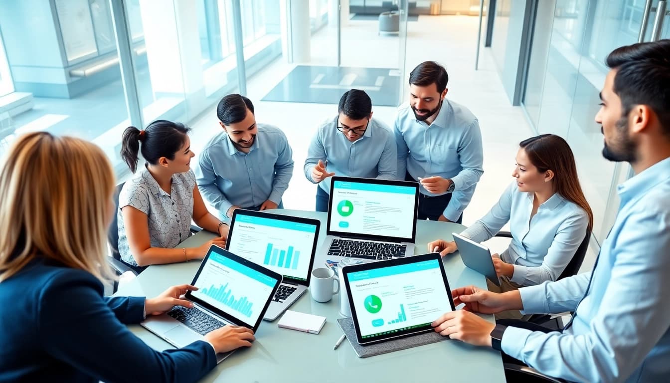 Enhance customer engagement with WhatsApp Business CRM by showcasing a modern business meeting.