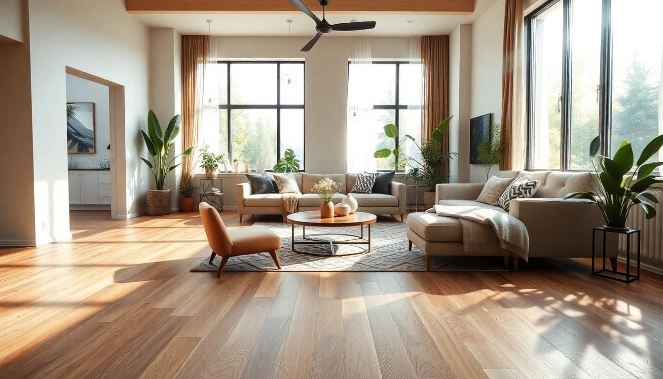Showcasing lvt flooring in a modern living room with natural light and warm tones.
