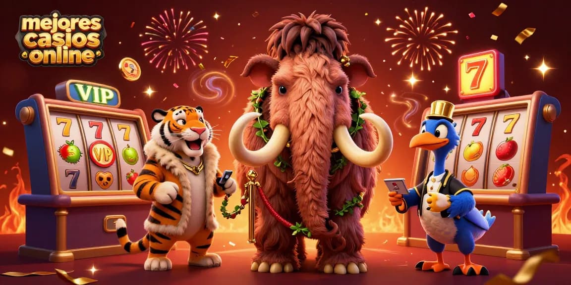 Descubre los mejores casinos online con una ilustración emocionante de un mamut, un tigre y un dodo.