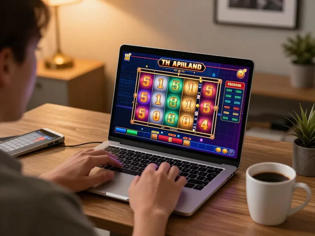 Engaging gameplay on slot server thailand in a cozy home office setting, showcasing strategic online gaming.