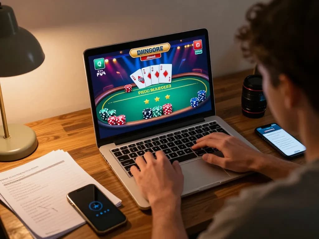 Player enjoying a poker game on JPROYAL app, chips and cards displayed on the screen in a cozy setting.