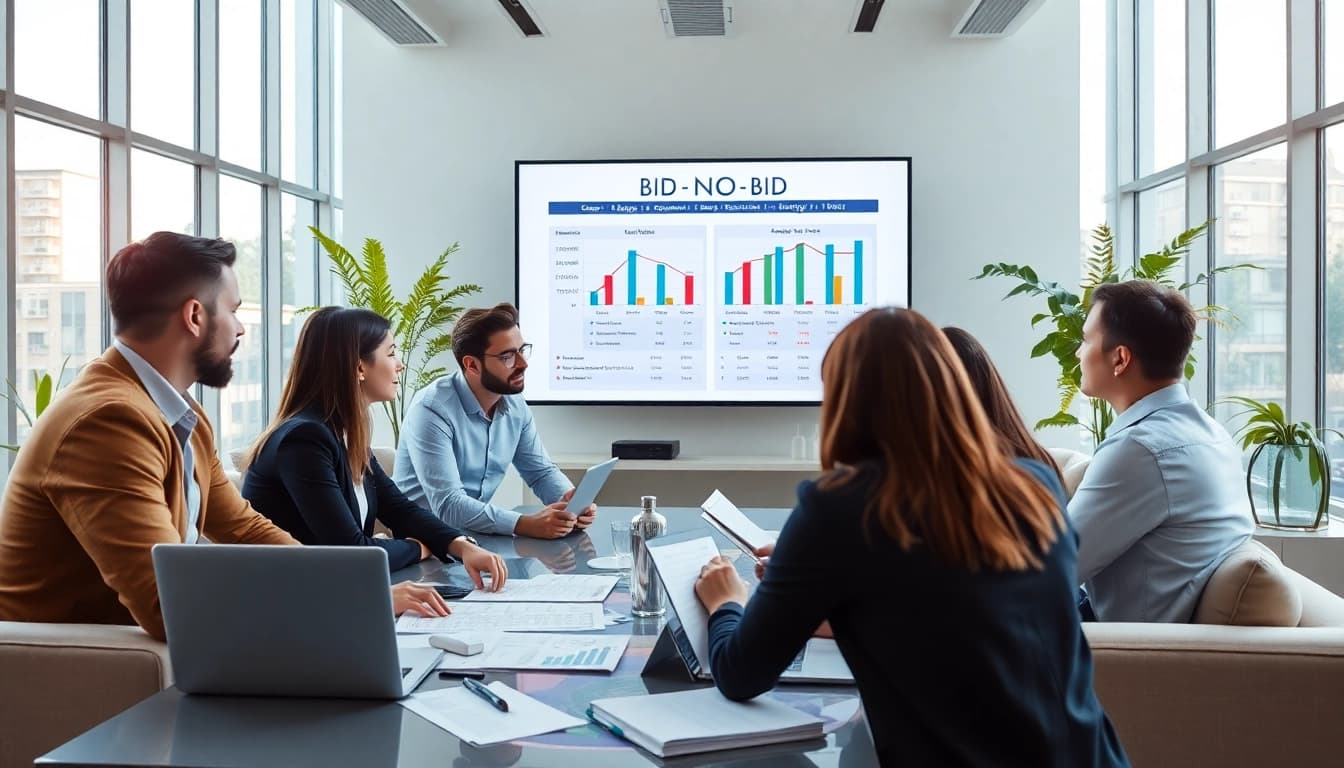 Team discussing Bid-No-Bid Analysis in a bright and professional office setting.