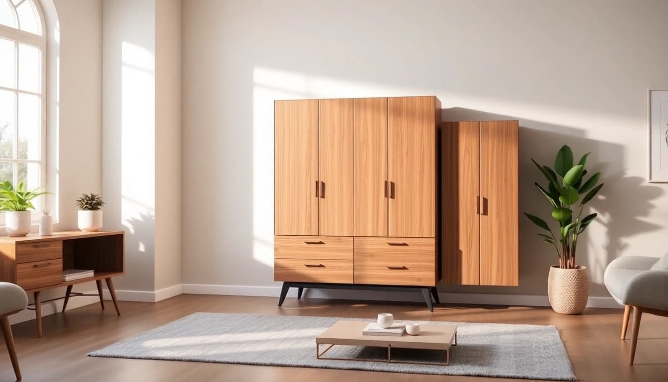 Stylish storage cabinet against a pastel wall in a sunlit living room.