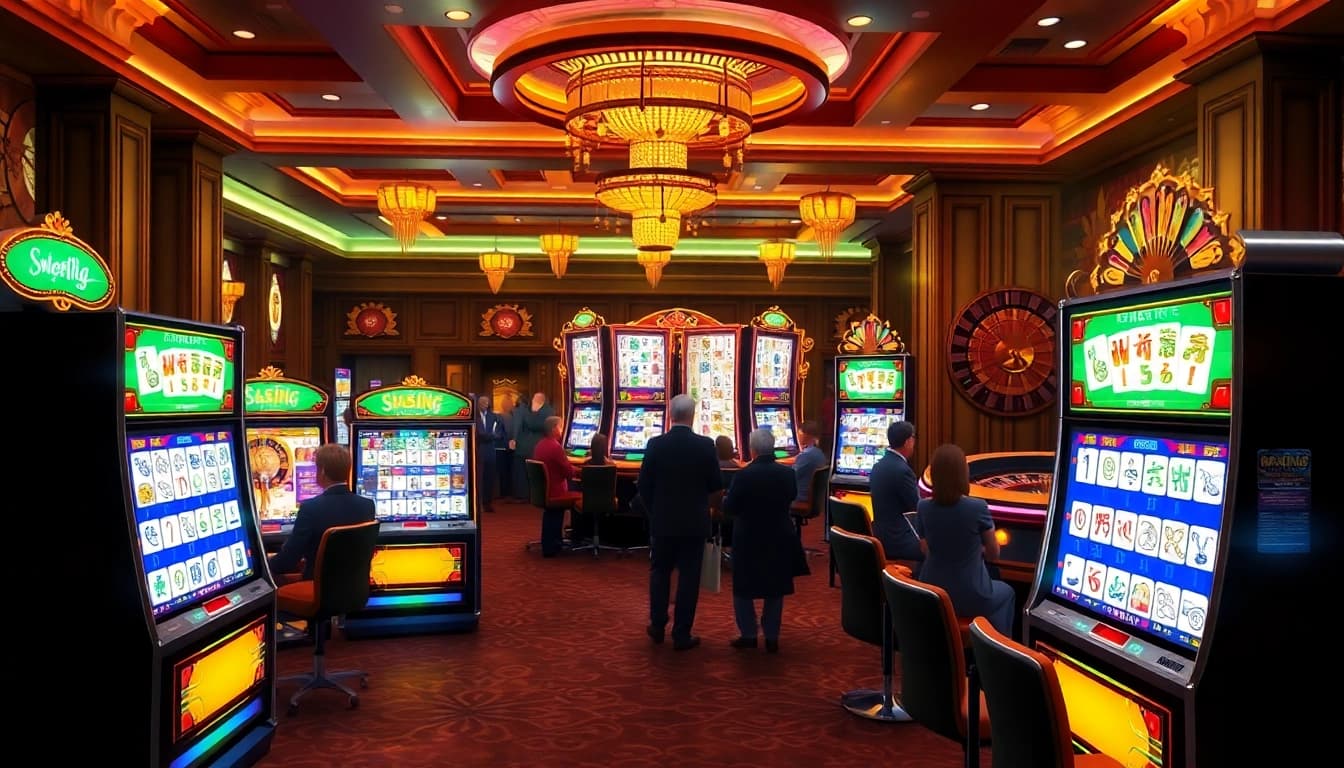 Terlibatlah dengan demo Mahjong slot saat pemain memutarkan gulungan warna-warni di kasino yang ramai.
