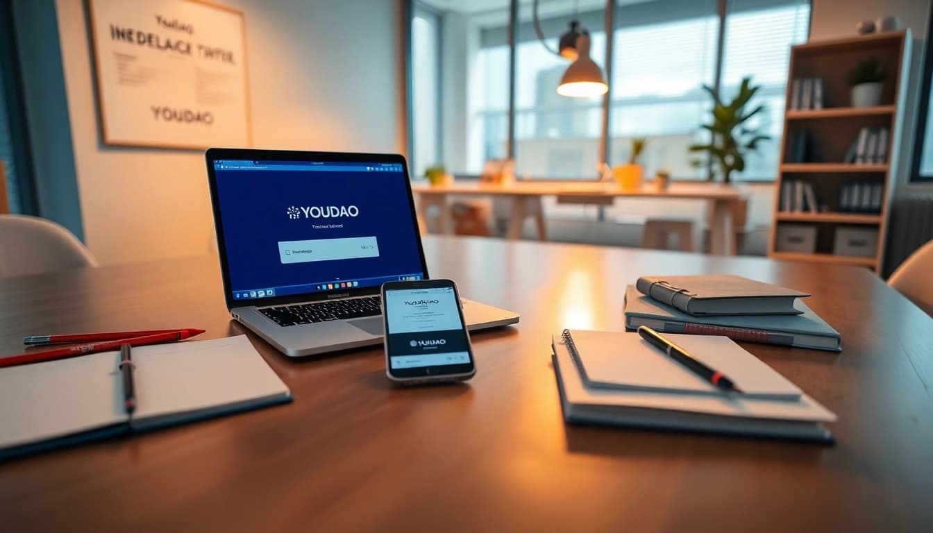 Youdao translation app displayed on a high-tech laptop in a modern workspace.