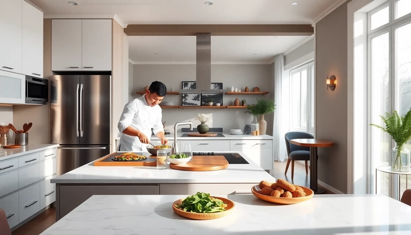 Kitchen remodeling showcasing a modern design with sleek finishes and bright lighting.