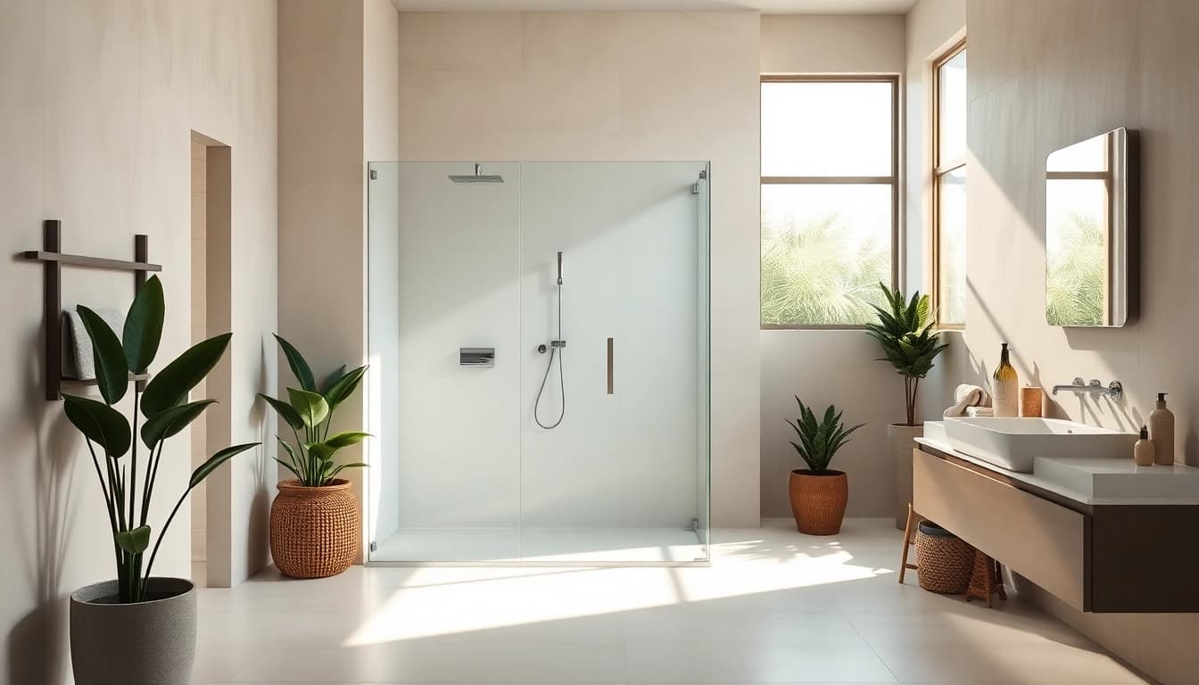 Profitez de Sunny Showers France avec un espace de douche moderne et éclairé.