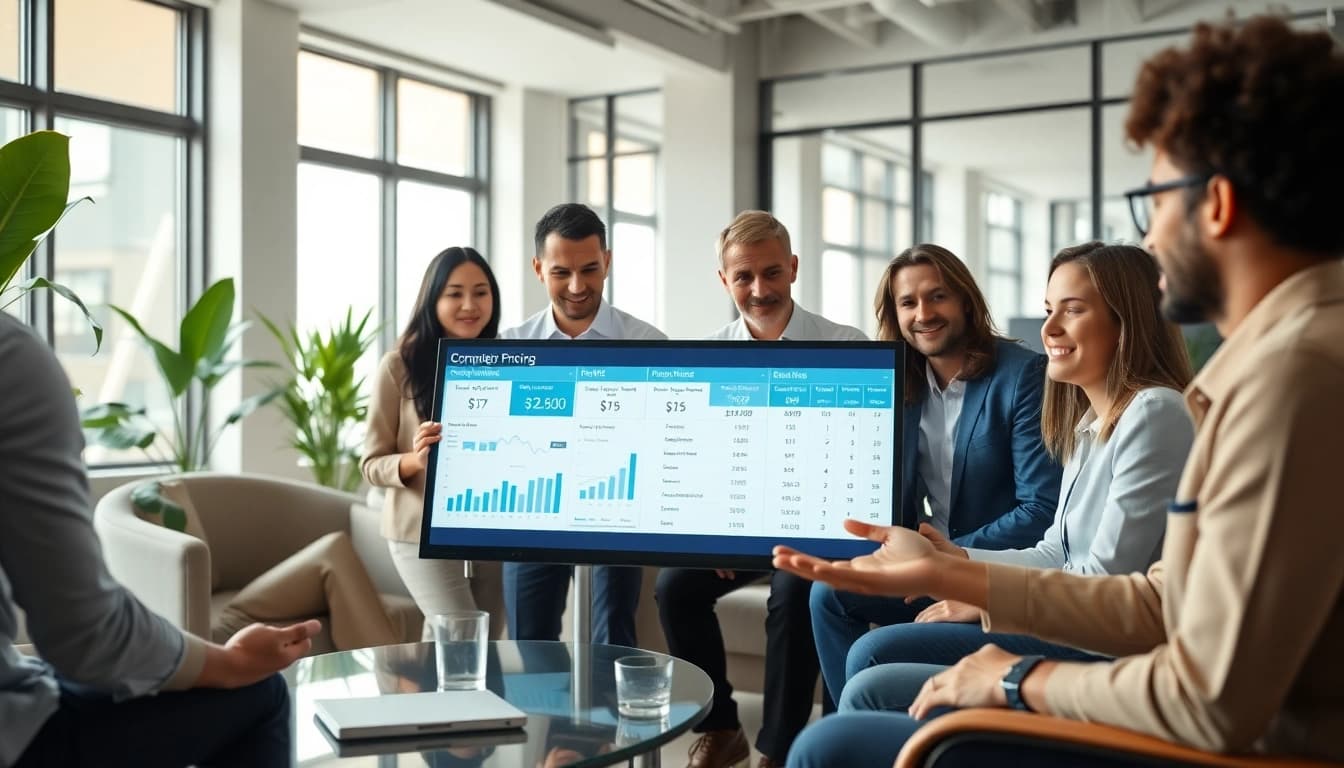 Analyze competitor pricing strategies during a professional business meeting in a modern office.