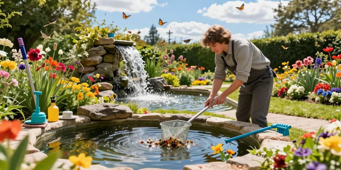 Pond Clean Sussex expert cleaning a vibrant garden pond surrounded by lush greenery and colorful flowers.