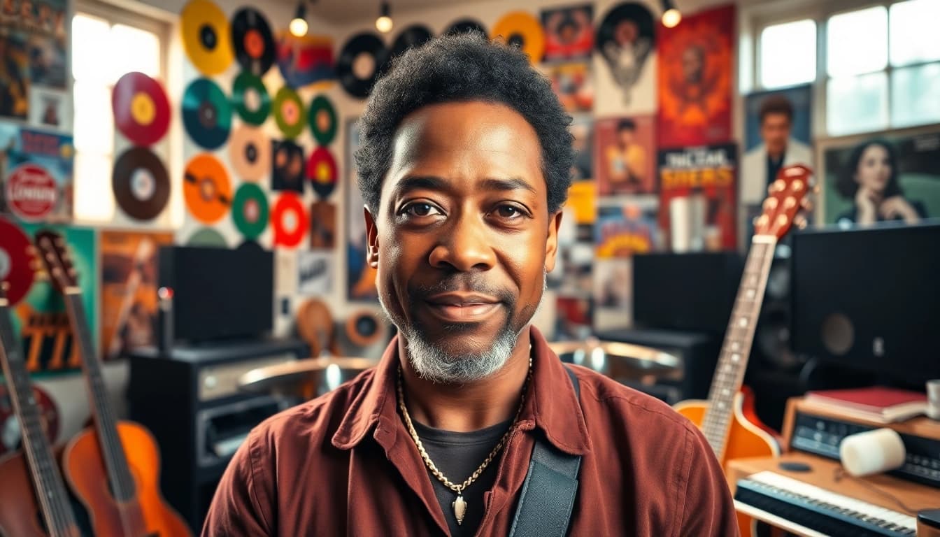 Leroy Silver performing in a dynamic studio setting with vintage instruments.