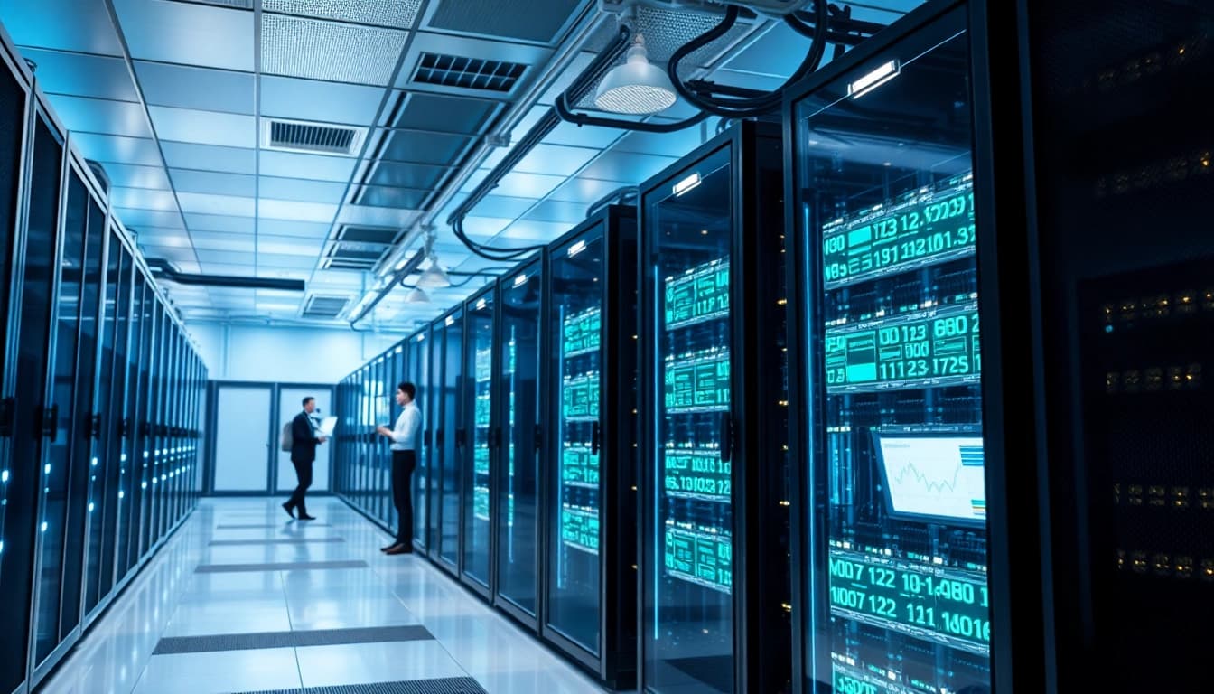 Best cloud mining data center featuring innovative servers and professionals analyzing cryptocurrency data.