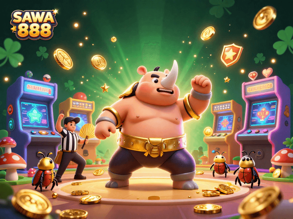 Action-packed illustration of SAWA 888 showcasing a beetle sumo champion, flying coins, and vibrant gaming machines.