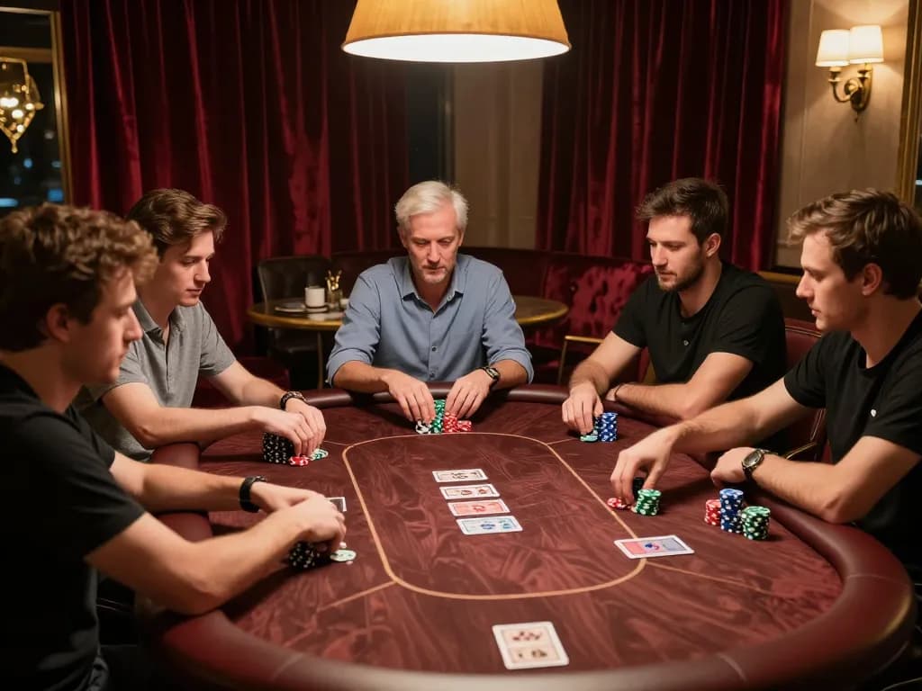 Players engage in an intense poker game at EV99 Casino, showcasing strategic gameplay in a luxurious setting