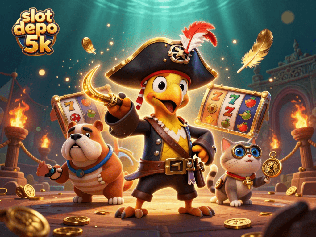 Spin the reels in excitement with a vibrant slot depo 5k casino scene featuring a lively pirate crew.