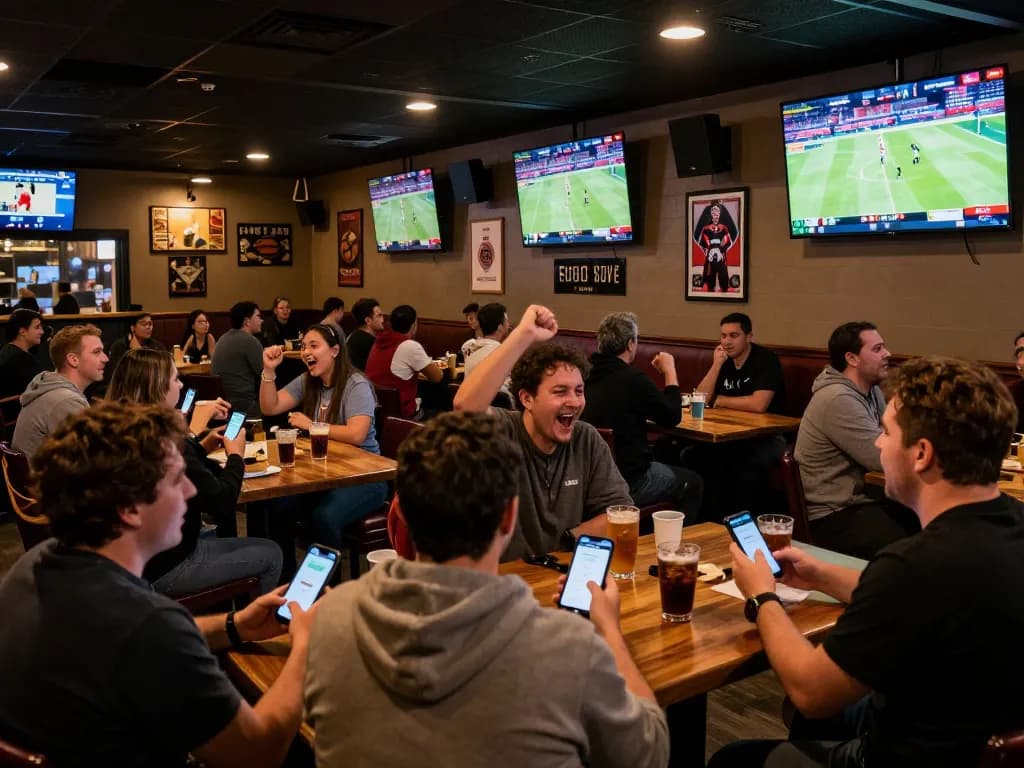 Fans using betting apps in a lively sports bar, featuring bookmakers stranieri for enhanced betting experiences.