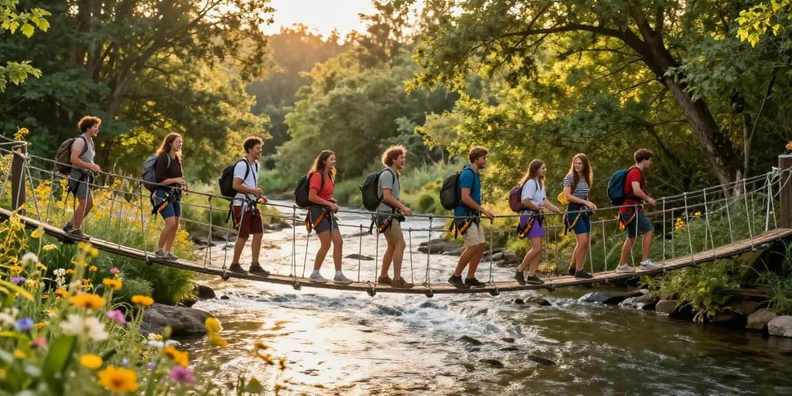 Friends joyfully crossing a river rope bridge in a lush, vibrant landscape.