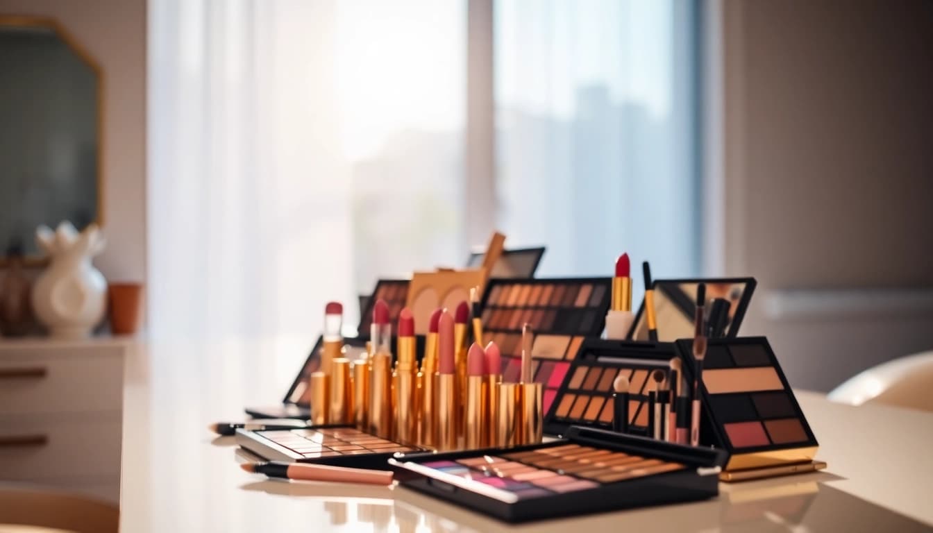 Showcase of various wholesale makeup products in a beautifully arranged setup.