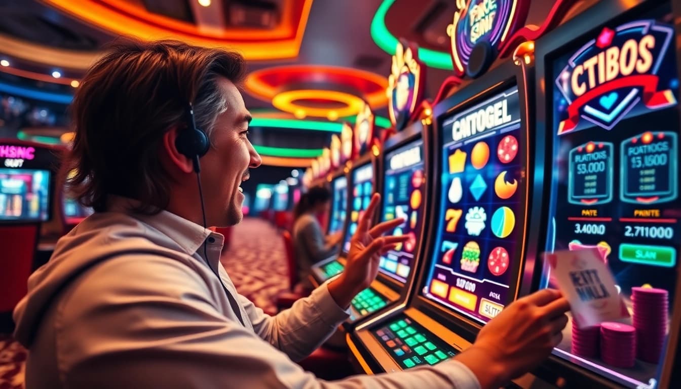 Gambler engaging with GTATOGEL's slot machine, showcasing online casino excitement.