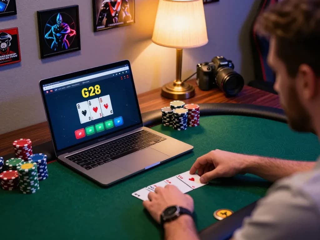 Engaging online poker gameplay at G28 platform from a cozy home setup, capturing the action in detail.