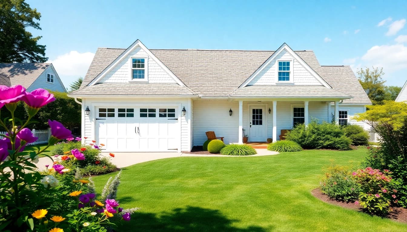 Renovated cape cod home addition with an elegant attached garage and landscaped yard.