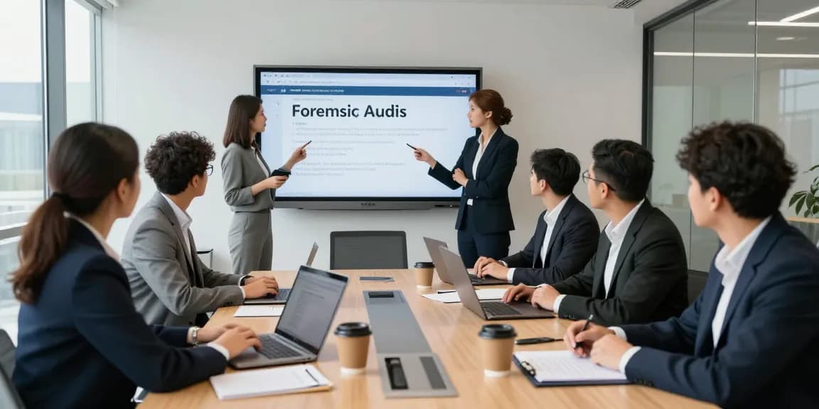 Tim profesional AAFI KOTA TANGERANG berdiskusi strategi audit forensik dalam suasana modern.