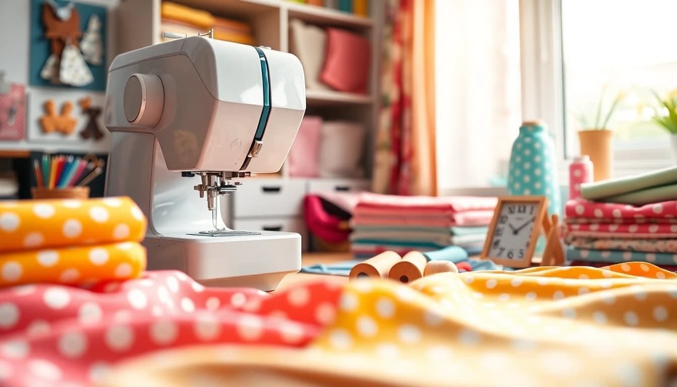 Beginnende naaiers creëren kleurrijke stoffen en projecten op een georganiseerde werkplek.