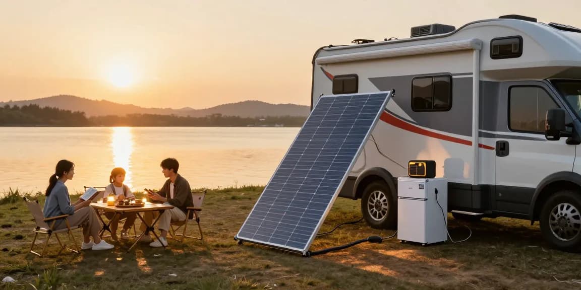 Flexible solar panel on RV providing eco-friendly power for outdoor family camping setup by the lake at sunset
