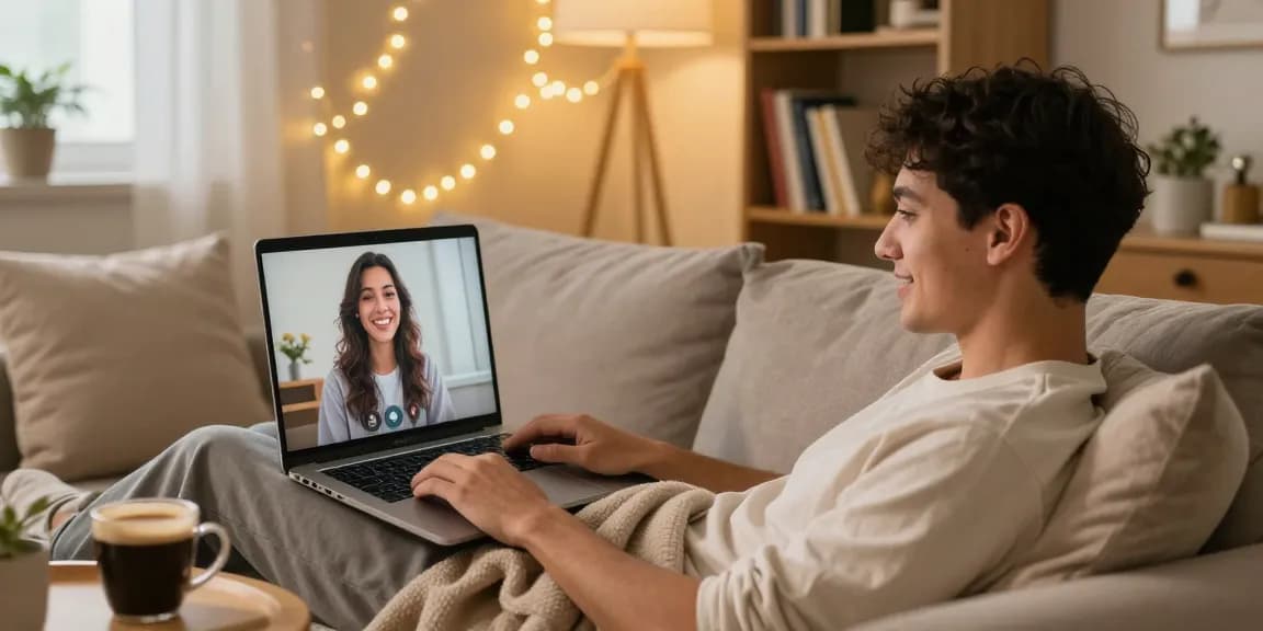 Engaging with an AI girlfriend in a cozy living room setup.